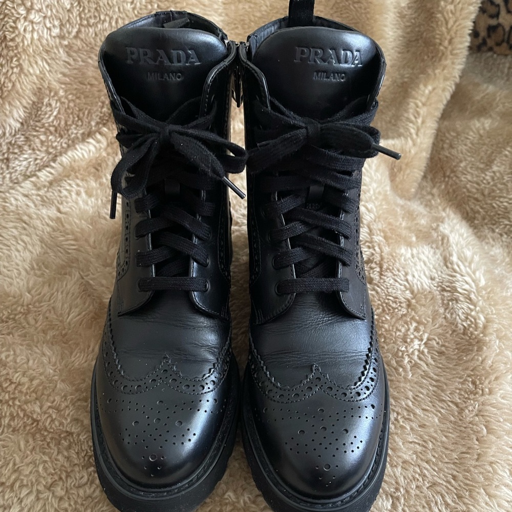 Prada Black Leather Lace-Up Brogue Ankle Boots